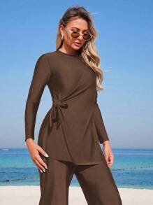 Swim Mulvari Bộ 2 món cho nữ Áo thun dài tay cổ tròn màu trơn mới có dây rút bên hông và quần bó, trang phục Burkini đi nghỉ dưỡng kín đáo cho quý cô - Cà phê nâu - Xem 4