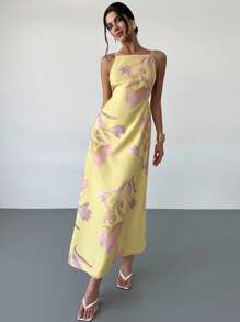 Firerie 女士纯色休闲细肩带露背花卉印花宽松夏威夷度假太阳裙，黄色黄油黄色女士夏季连衣裙 - 黃色 - 查看 7