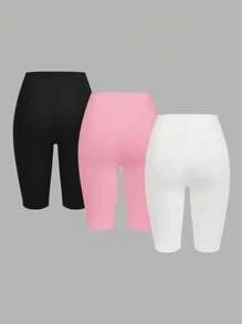 SHEIN EZwear 純色休閒短款緊身褲，適合夏秋季，女款緊身剪裁，適用於皮拉提斯健身房，黑色、淺粉色、白色 - 彩色 - 查看 2