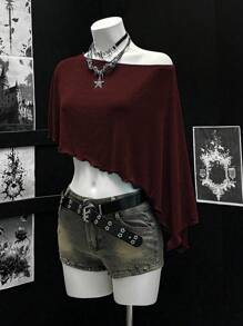 EgrlEra Comfortable Unique Fabric Asymmetrical Shoulder Vacation Style Top - Burgundy - View 3