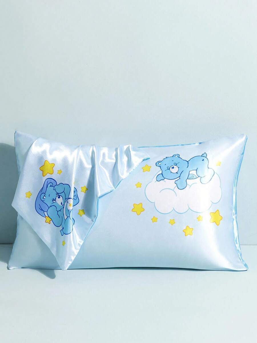 SHEIN X Care Bears Set de 2 fundas de almohada con estampado de osos azules lindos, en dos colores, de tela de microfibra suave y fresca - Celeste - Ver 1