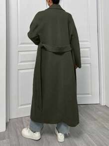 EURMUSE Lapel Neck Double Breasted Slant Pocket Waist Belt Tie-Up Woolen Overcoat - Army Green - View 2