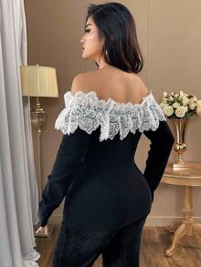 SHEIN Clasi Pull ajusté à épaules dénudées avec patchwork en dentelle et blocs de couleurs, grande taille - Noir - Voir 2