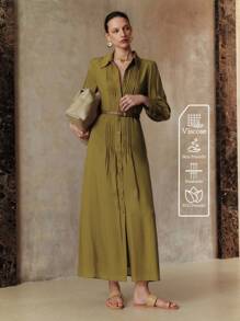 Arave 女士天丝纯色衬衫领全纽扣装饰长袖束腰系带舒适透气休闲连衣裙，适合夏秋季日常、度假、约会、通勤、购物 - 綠色 - 查看 6