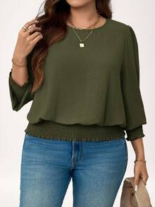 SHEIN LUNE Plus Size Casual Solid Color Lantern Sleeve Blouse, New Years Holiday Green Top,Fall Clothes For Women
