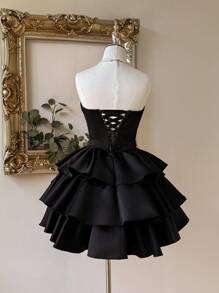 Lovelzi 优雅、浪漫、性感的黑色缎面面料，深 V 领，收腰，紧身胸衣，大量水钻装饰，有骨紧身胸衣，后背系带，A 字裙，褶皱设计，适合毕业典礼、学校开学典礼、音乐节、生日派对、婚礼、舞会礼服 - 黑色 - 查看 6