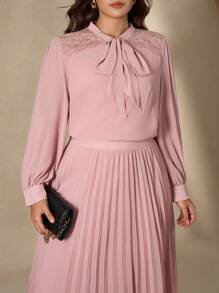 Chikora 大码纯色蝴蝶结装饰长袖上衣和百褶裙两件套女式百褶裙套装粉色百褶裙长袖粉色衬衫百褶中长裙粉色连衣裙女式粉色套装秋季服装大码商务休闲女式办公室服装女士工作服女士工作服 - 藕粉色 - 查看 2