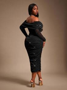 Radiana 大码女式秋冬、春夏优雅华丽迷人性感基本款亮片网眼面料露肩褶饰网眼紧身连衣裙，闪亮、闪亮、时尚，适合日常穿着派对礼服 - 黑色 - 查看 2