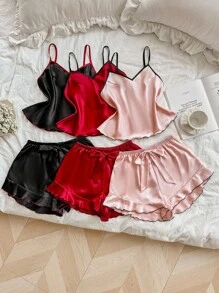 LuxeNights Bộ 3 món/Bộ trang phục phối ren lụa giả màu tương phản - Nhiều màu - Xem 4