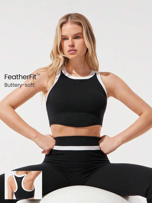GLOWMODE FeatherFit™ Bold Glow Soft Sweat-Wicking Stretchy Contrast Color Trim Removable Cups Wide Edge Racerback Cropped Tank Top Low-Impact Yoga Pilates Studio Gym Daily Active