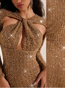 Opulessa Sexy Ausschnitt Vorne Langarm Paillettenkleid mit Struktur für Frauen, geeignet für den Urlaub