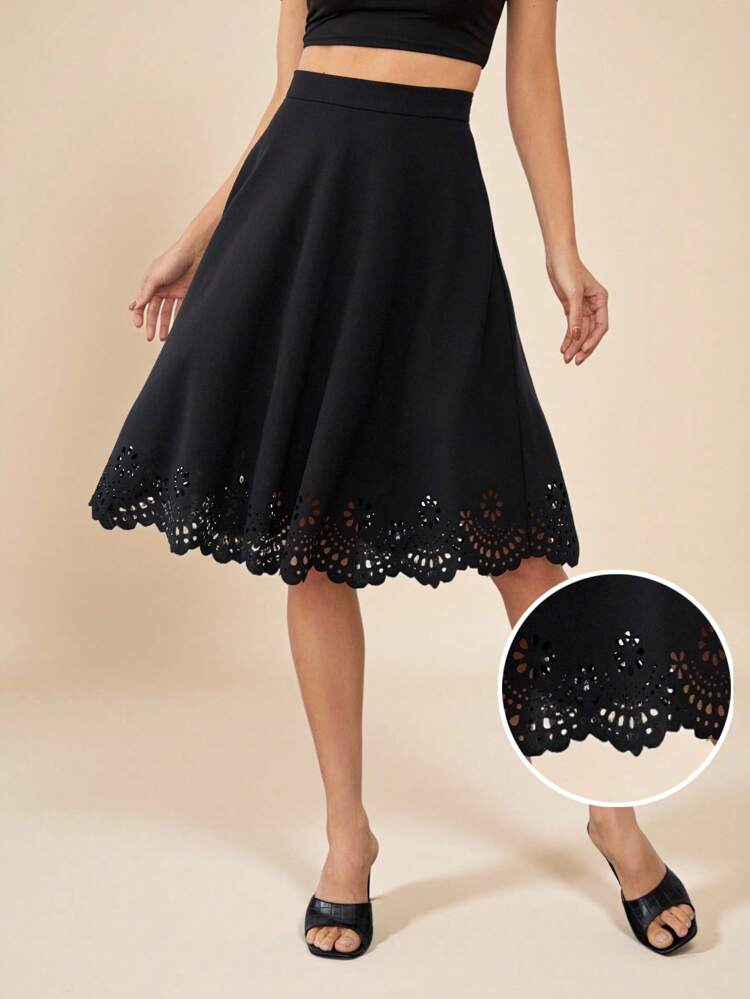 Scallop Laser Cut Hem Skirt, Fall/Winter Back To School Modest Vintage Old Money Teacher Airport Business Casual Woman Night Out Teacher Church Black Skirt Summer