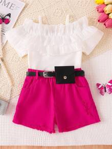 Elladie kids 年轻女孩的服装，法式荷叶边吊带背心衬衫搭配褪色粉色猫须洗水牛仔裤，适合度假、节假日 - 玫紅色 - 查看 3