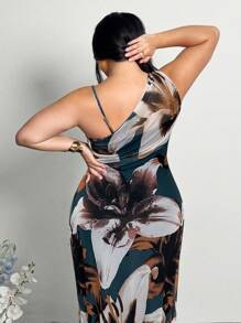 Firerie 女士加大码优雅简约时尚基本款 Ins 风格休闲办公室工作通勤影响者音乐节海滩度假随机印花网眼不对称领口褶饰修身长款连衣裙 - 彩色 - 查看 2