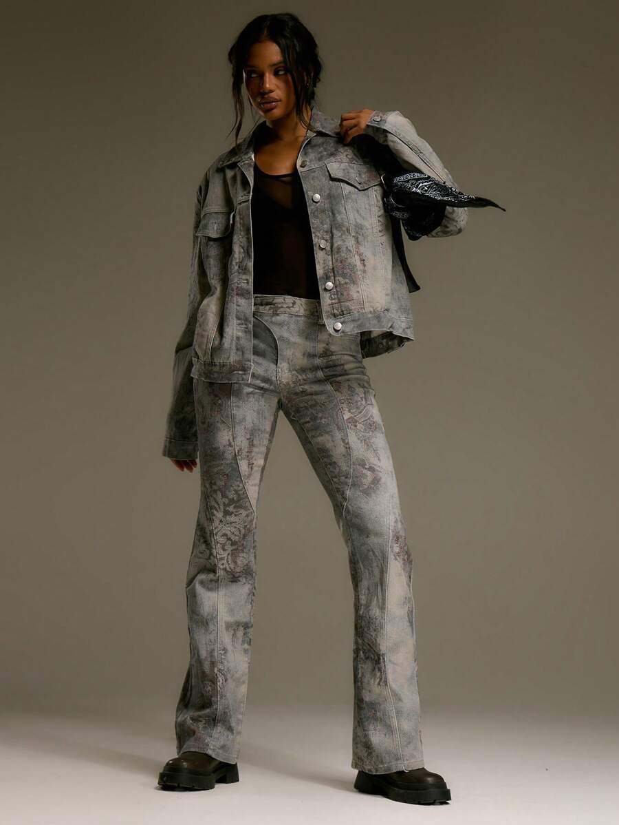 MUSERA 低腰抽象印花喇叭牛仔裤，西部乡村风，秋季街头服饰，节日优雅，Y2K性感可爱，90年代波西米亚风，中西部秋季时尚，春夏 - 灰色 - 查看 1