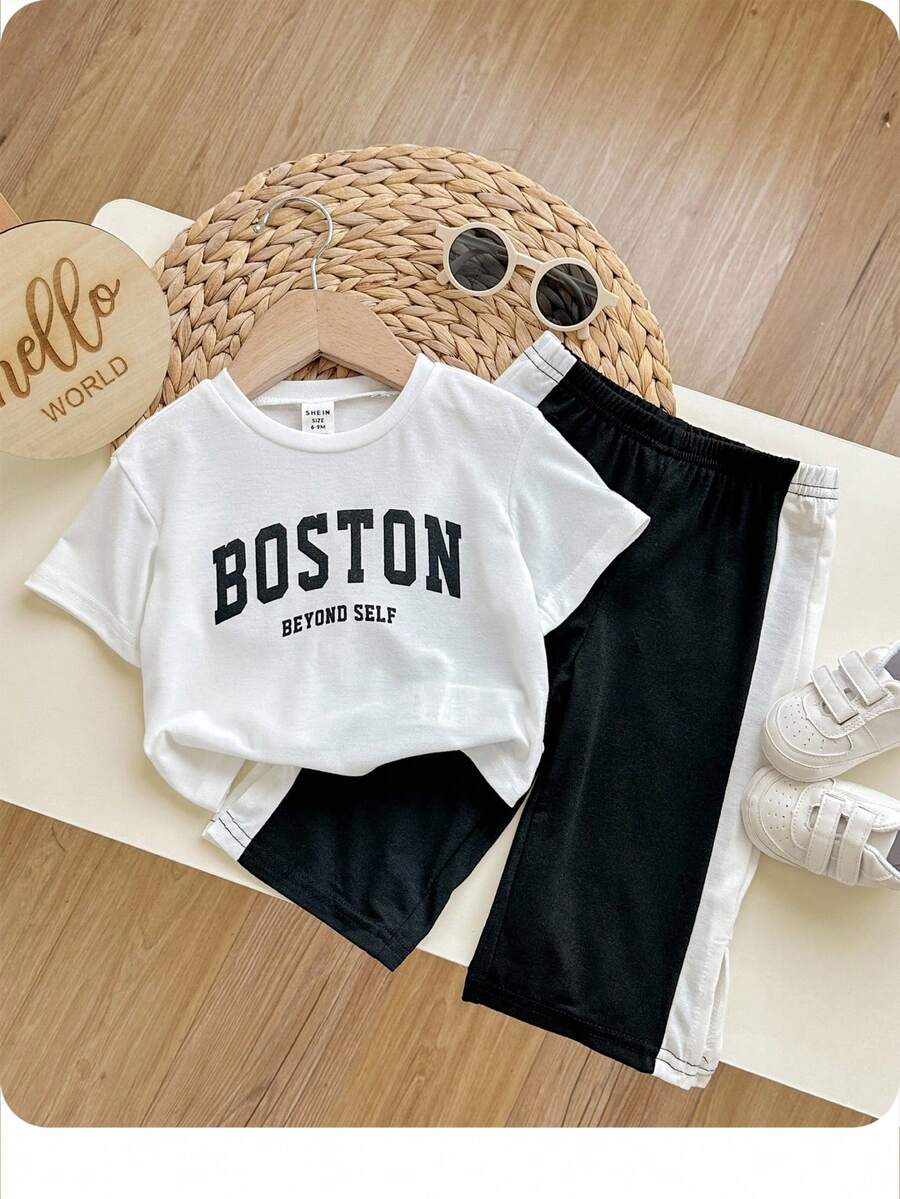 Baby Boy/Girl Casual Street Style Letter Print Short Sleeve Top Elastic Waist Color Block Pants Set - Multicolor - View 1