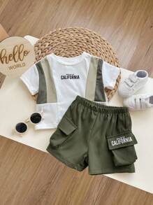 Ensemble Décontracté Pour Bébé Garçon À Col Rond Ample, Avec Lettre Et Imprimé À Blocs De Couleurs, T-shirt À Manches Courtes Et Short - Multicolore - Voir 3