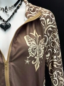 EgrlEra Women's Fashionable Punk Style Retro Printed Jacket Fall Winter Cloth For Women - Coffee Brown - View 3