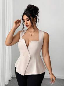 Elenzga Áo khoác cardigan cổ thấp hai hàng khuy trơn màu cỡ lớn dành cho nữ, kiểu áo cánh thanh lịch và duyên dáng - Màu be - Xem 5