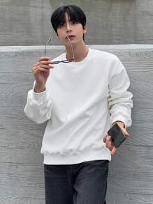 DAZY 男士纯白色纹理面料套头衫，秋季 - 白色 - 查看 6