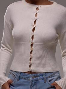 MUSERA 罗纹针织修身长袖开衫，纽扣设计，可爱夏日度假时尚款 - 奶油色 - 查看 6