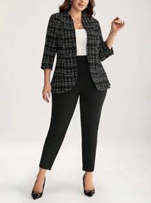 Comfylo 大码女式格子前开式七分袖西装套装 - 黑色 - 查看 7