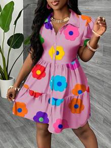 Slaydiva Casual Minimalist Women Mini Dress, Suitable For Summer & Vacation, Colorful Floral Print, Boho Suitable For Going Out Chic Dress - Pink - View 5