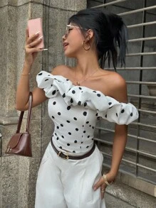 INAWLY Áo nữ thời trang in họa tiết chấm bi một bên vai nhún bèo - trắng - Xem 4