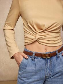 House of One Old Money Round Neck Twisted Long Sleeves Solid Knit Top Women Autumn Casual Wear Twist Front Top Fall Outfits Business Professional Women Business Casual Woman