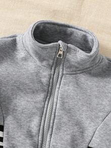 SHEIN Explorewe 2件套男童条纹长袖拉链羊毛夹克和慢跑裤休闲装 - 淺灰色 - 查看 6