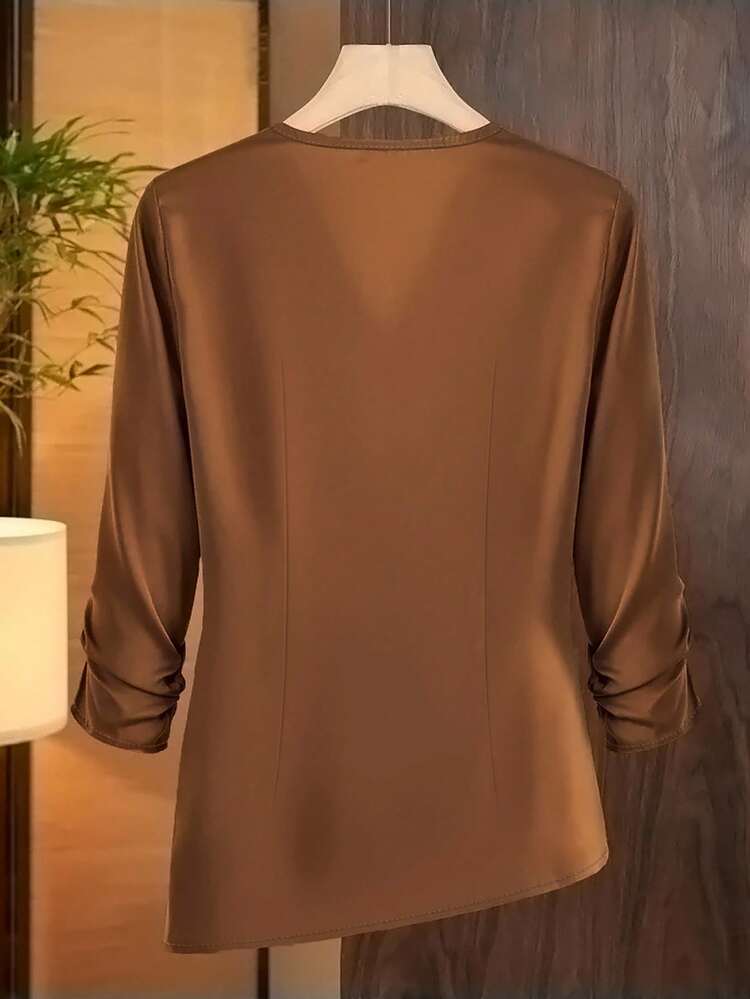 SHEIN Franclia Women's Solid Color Asymmetrical Wrap Elegant Fashion Blouse - Brown - View 2