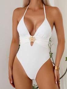 Swim Chiccia Traje de baño de una pieza sexy para mujer con escote en V profundo y recortes en el frente y la espalda, para verano - Blanco - Ver 4