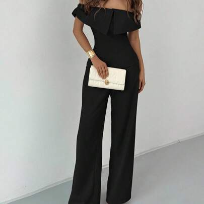새로운 여름 미니멀리스트 통근 의상, 어깨 노출 크롭 탑에 사이드 슬릿과 하이웨이스트 와이드 레그 팬츠, 패셔너블하고 슬림한