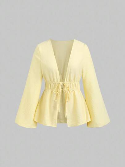 Sweetra Women's Casual Solid Color Tie Flare Sleeve Top Fall Cloth For Women