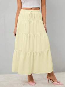 SHEIN Tall 女士纯色高腰系带荷叶边下摆长裙 - 黃色 - 查看 5