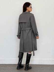 SHEIN PETITE 休闲时尚百搭通勤简约女式风衣秋冬灰色风衣 - 灰色 - 查看 2