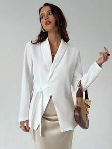 Aloruh 女士休闲商务通勤简约纯色长袖西装外套（秋冬） - 白色 - 查看 6