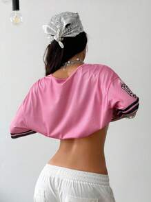 Coolane Áo thun cổ chữ V ren họa tiết số Y2K cơ bản dành cho nữ mùa hè cỡ lớn - Hồng - Xem 7