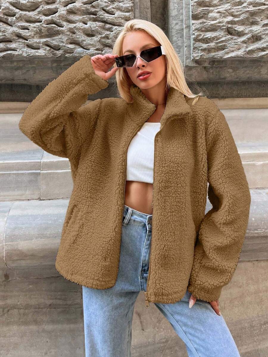 EURMUSE 女士休闲纯色常规夹克，秋冬 - 駝色 - 查看 1