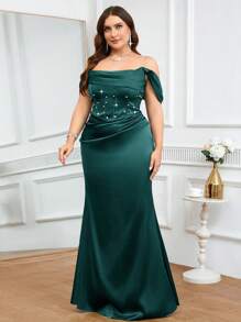 Coutiva Plus Size Formal Evening Gown (Heavily Embellished) Plus Size Satin Dress Plus Size Green Dress Off The Shoulder Plus Size Dress Plus Size Cocktail Dress Plus Size Emerald Green Dress