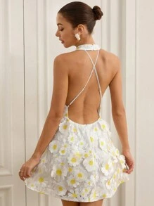 GENKIRA New Fashionable Minimalist Elegant Sexy Women's Chiffon Embroidered Backless Waist Slimming A-Line Short Dress - White - View 2