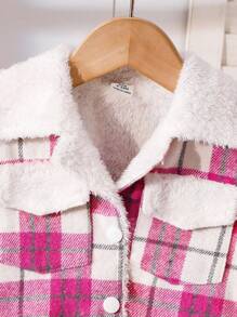 SHEIN Veste de mode mignonne à manches longues avec col en fausse fourrure à carreaux pour bébé fille, hiver - Rose vif - Voir 5