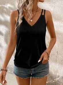SHEIN LUNE Women's Casual V-Neck Ribbed Fabric Camisole, Suitable For Summer Back To School Spaghetti Strap Tank Top Ribbed Tank Top