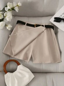 Franclia Petite 休闲通勤时尚不对称下摆裙裤女多功能单件短裤腰部无腰带搭配单件裙裤 - 卡其色 - 查看 7