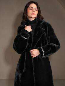 Anewsta Jaqueta de pele sintética de luxo feita à mão com gola de pele sintética de cristal e manga comprida para mulheres, adequada para outono/inverno, Natal, ano novo, festa, elegante, luxuosa, formal, chique, preta