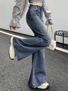 DAZY Women's Flare Jeans With Lace Splice - Medium Wash - View 7