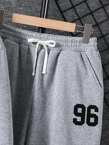 SHEIN 青少年男孩休闲街头纯色口袋百搭舒适纯色长袖连帽衫和运动裤套装，适合通勤、上学、日常休闲、旅行、运动、派对、秋冬 - 灰色 - 查看 9