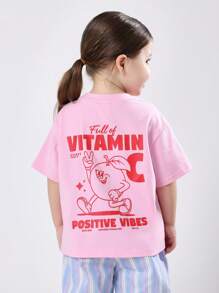 SUMWON T-shirt en coton d'été décontracté pour filles avec imprimé de personnage "Vibrations positives à la vitamine C". Design de dessin animé heureux pour un port quotidien de jeunesse