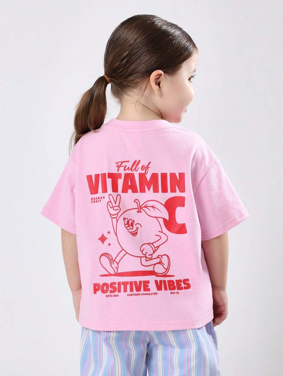 SUMWON T-shirt en coton d'été décontracté pour filles avec imprimé de personnage "Vibrations positives à la vitamine C". Design de dessin animé heureux pour un port quotidien de jeunesse