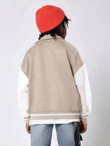 SUMWON Varsity Bomber Jacket For Boys Two Tone Design Athletic Division Embroidered Patch Letter Applique Casual School College Style Fall Winter Outerwear